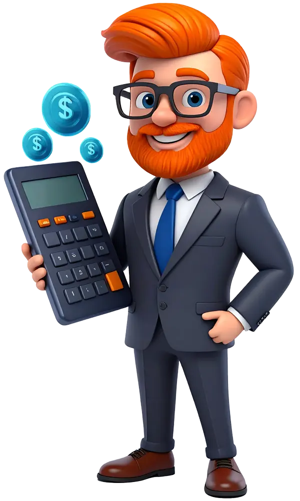 Cartoon business character holding a large calculator with dollar icons, representing loan calculator educational tools